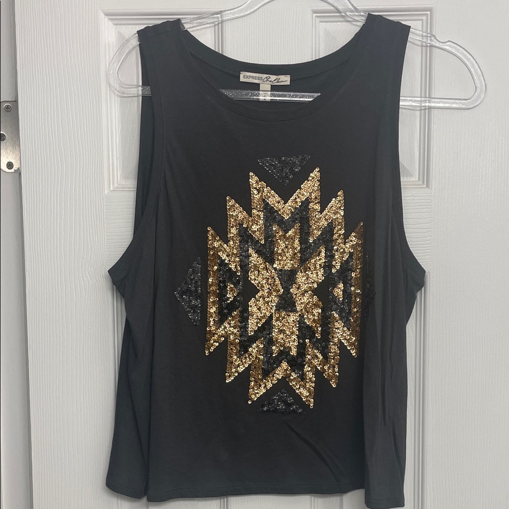 Express Black Muscle Tee with Gold Pattern